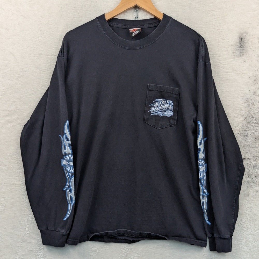 VTG Harley-Davidson T-Shirt Mens L Black Flame Pocket Long Sleeve Biker Moto Y2K